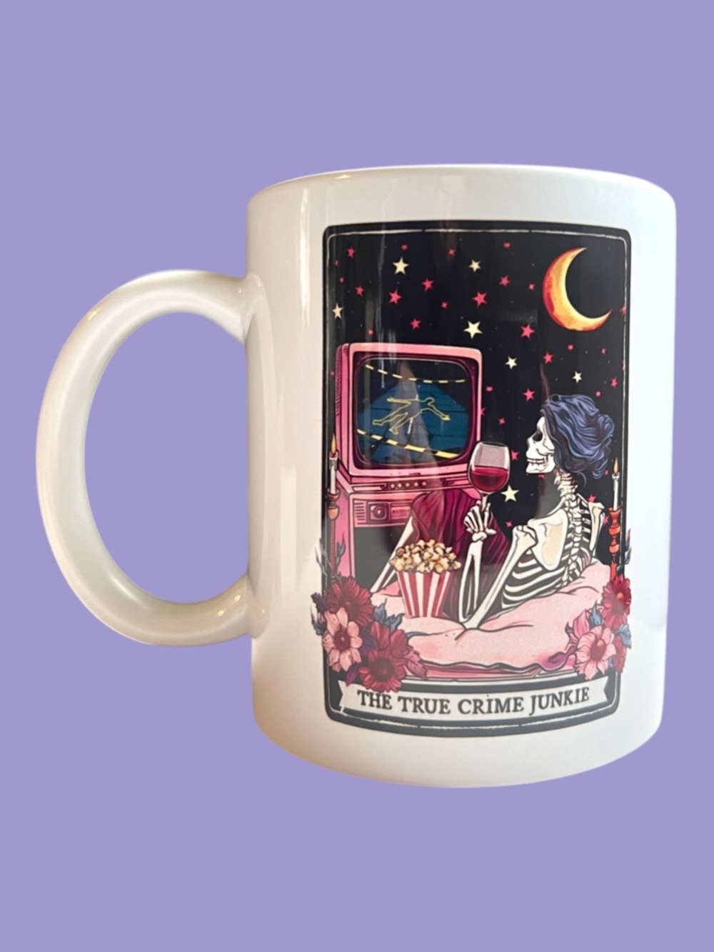 The True Crime Junkie” Tarot Mug – Skeleton Crime Night Coffee Cup (11 oz)